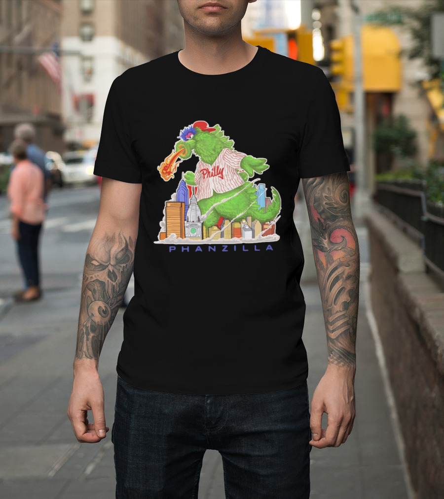 Phillie Phanatic Phanzilla Cityscape Fire Breathing Baseball T-Shirt