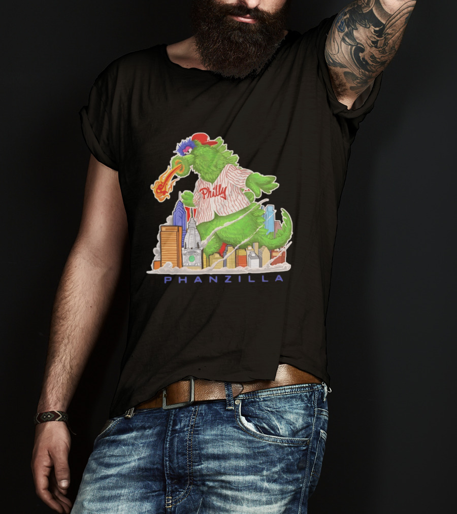 Phillie Phanatic Phanzilla Cityscape Fire Breathing Baseball T-Shirt