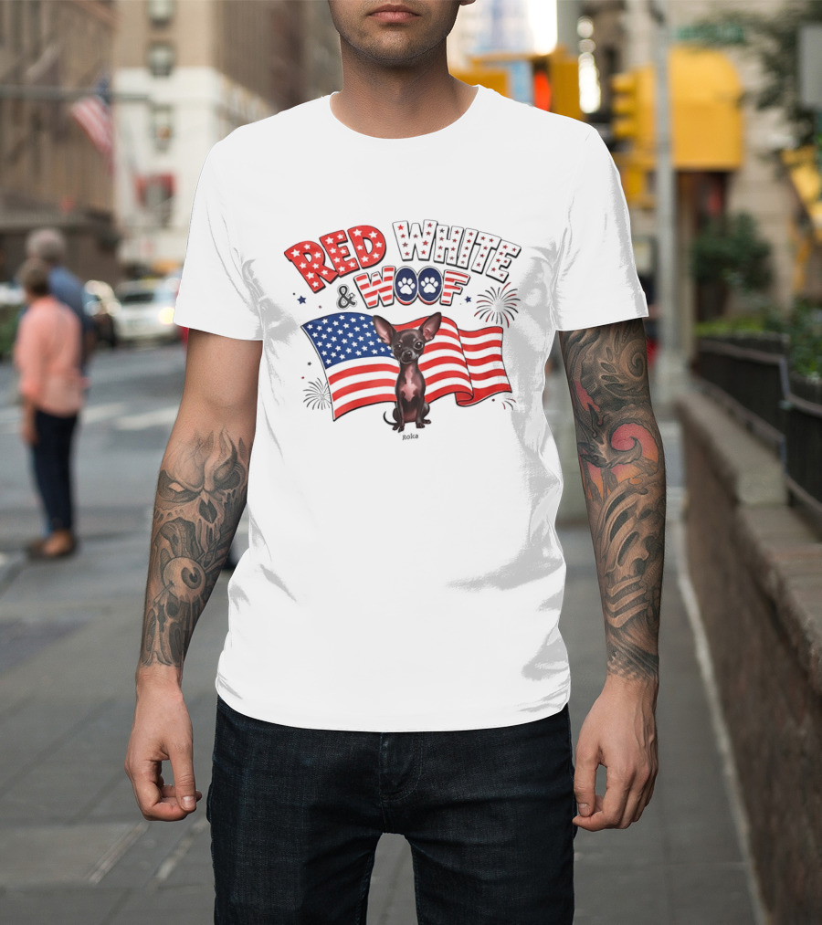 Chihuahua Red White And Woof US Flag Fireworks Celebration T-Shirt