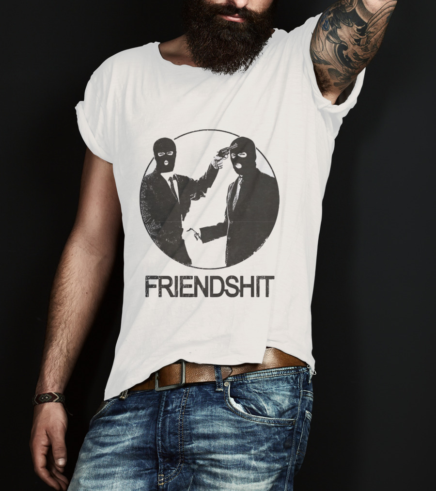 FRIENDSHIT Ski Mask Men Handshaking Gun Gesture T-Shirt