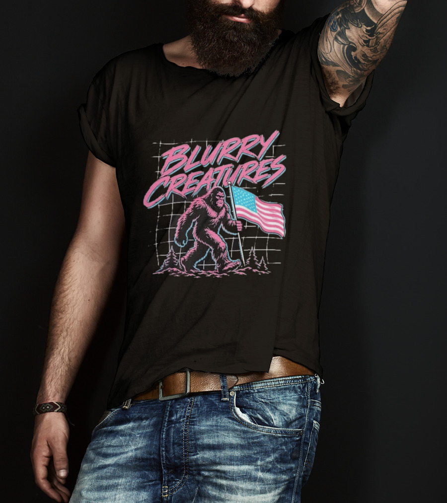 Blurry Creatures Bigfoot Holding American Flag With Retro Grid T-Shirt