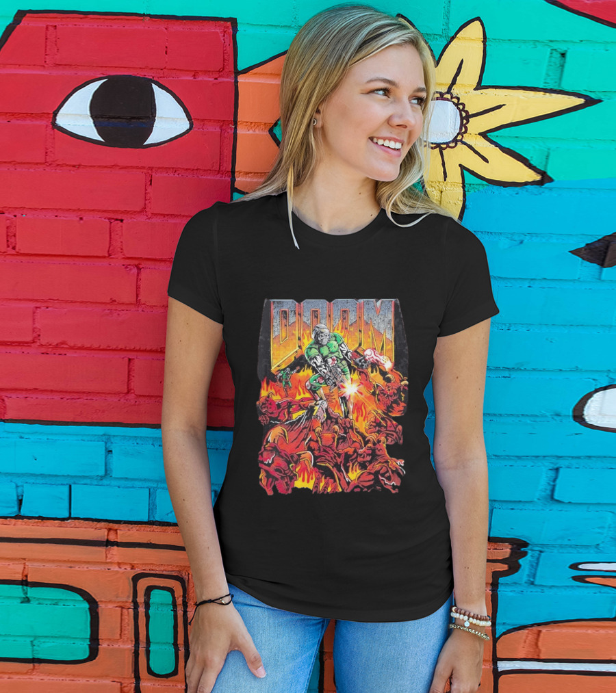 Doom Marine Warren Lotas Retro Video Game Demon Slayer Action Scene T-Shirt