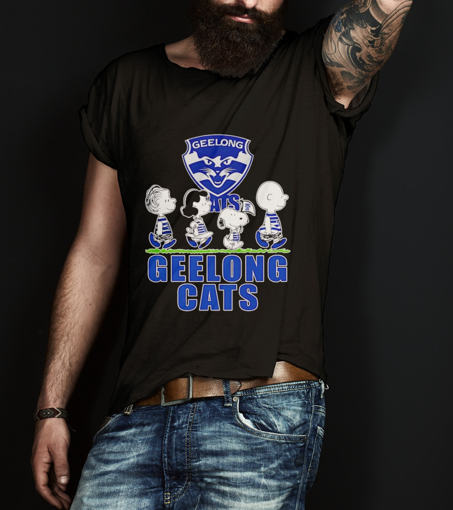 Peanuts Snoopy Charlie Brown Lucy Schroeder Geelong Cats AFL Fan T-Shirt
