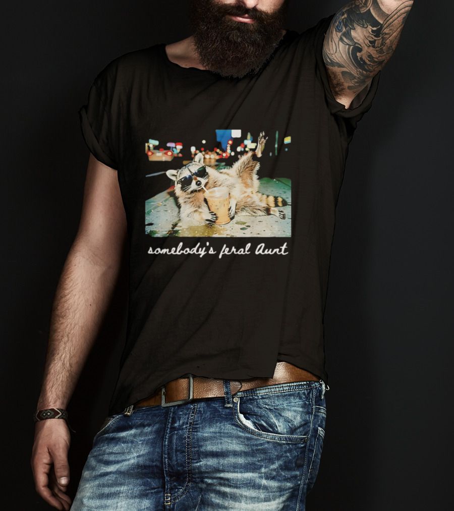 Somebody's Feral Aunt Raccoon Drinking Iced Coffee T-Shirt