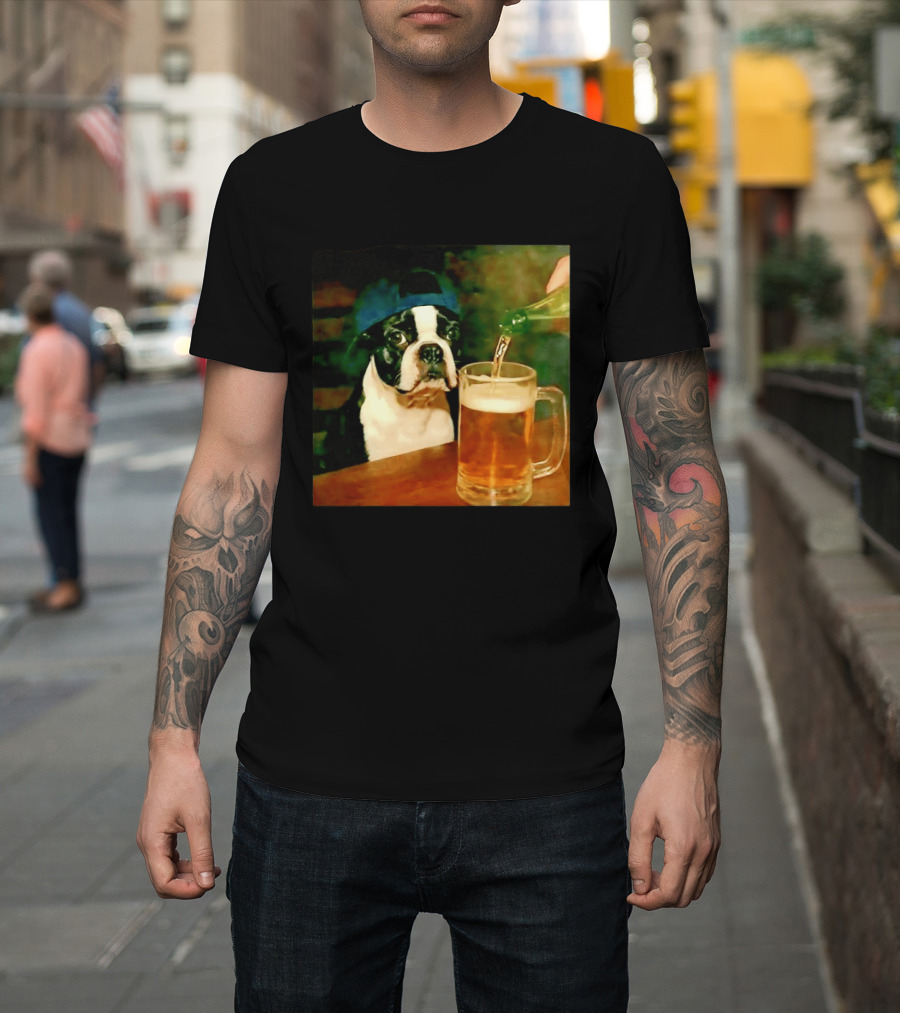 Boston Terrier Baseball Cap Drinking Beer T-Shirt