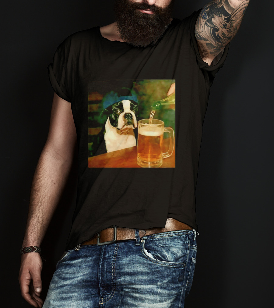 Boston Terrier Baseball Cap Drinking Beer T-Shirt