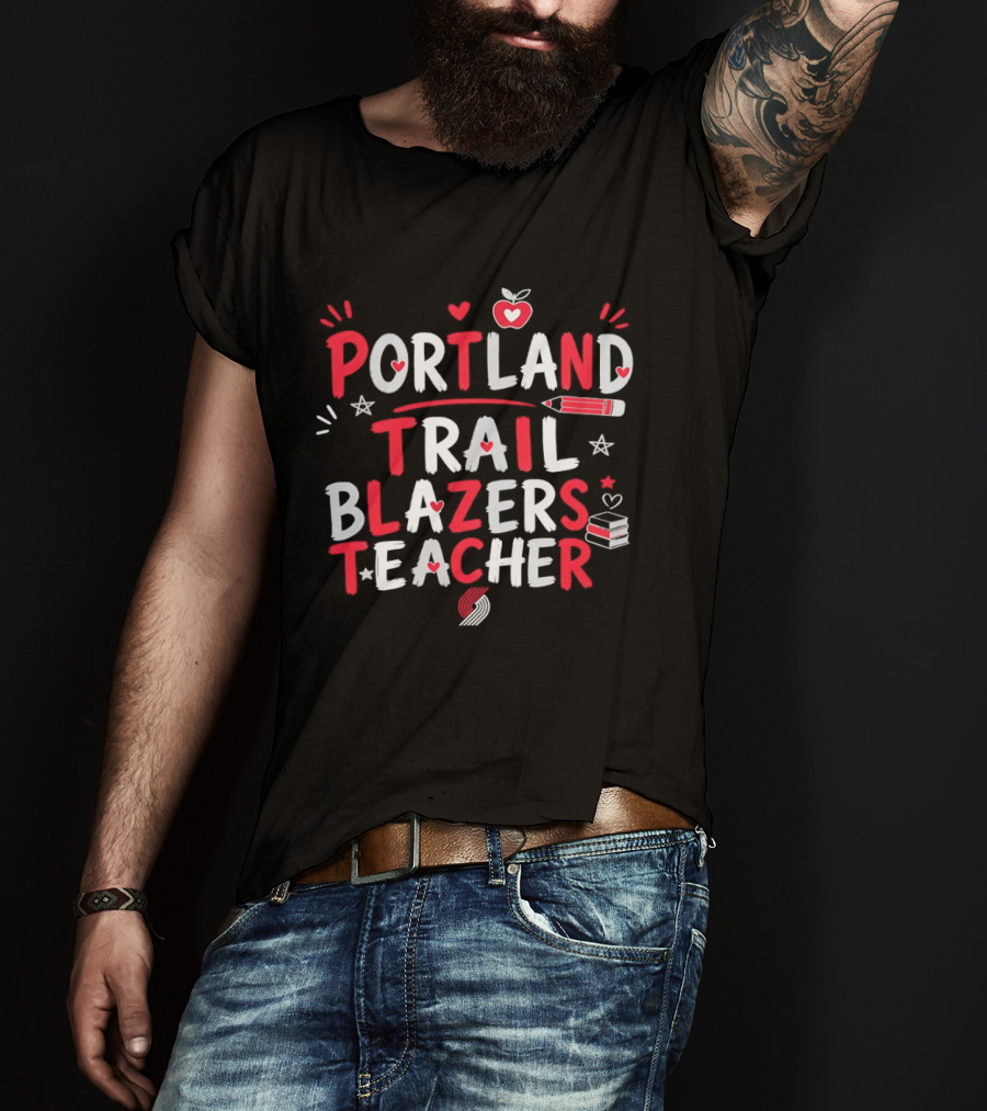Portland Trail Blazers Teacher Heart Pencil Books T-Shirt