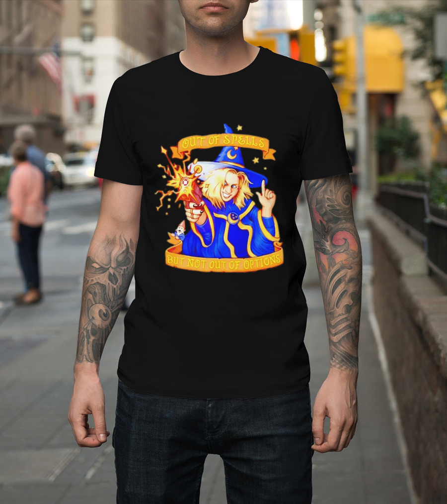 Greg The Sorcerer Out Of Spells Not Out Of Options Enchanting Wizard With Wand And Magic Aura T-Shirt