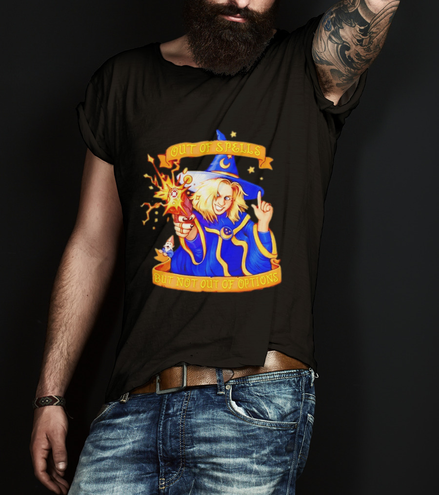 Greg The Sorcerer Out Of Spells Not Out Of Options Enchanting Wizard With Wand And Magic Aura T-Shirt