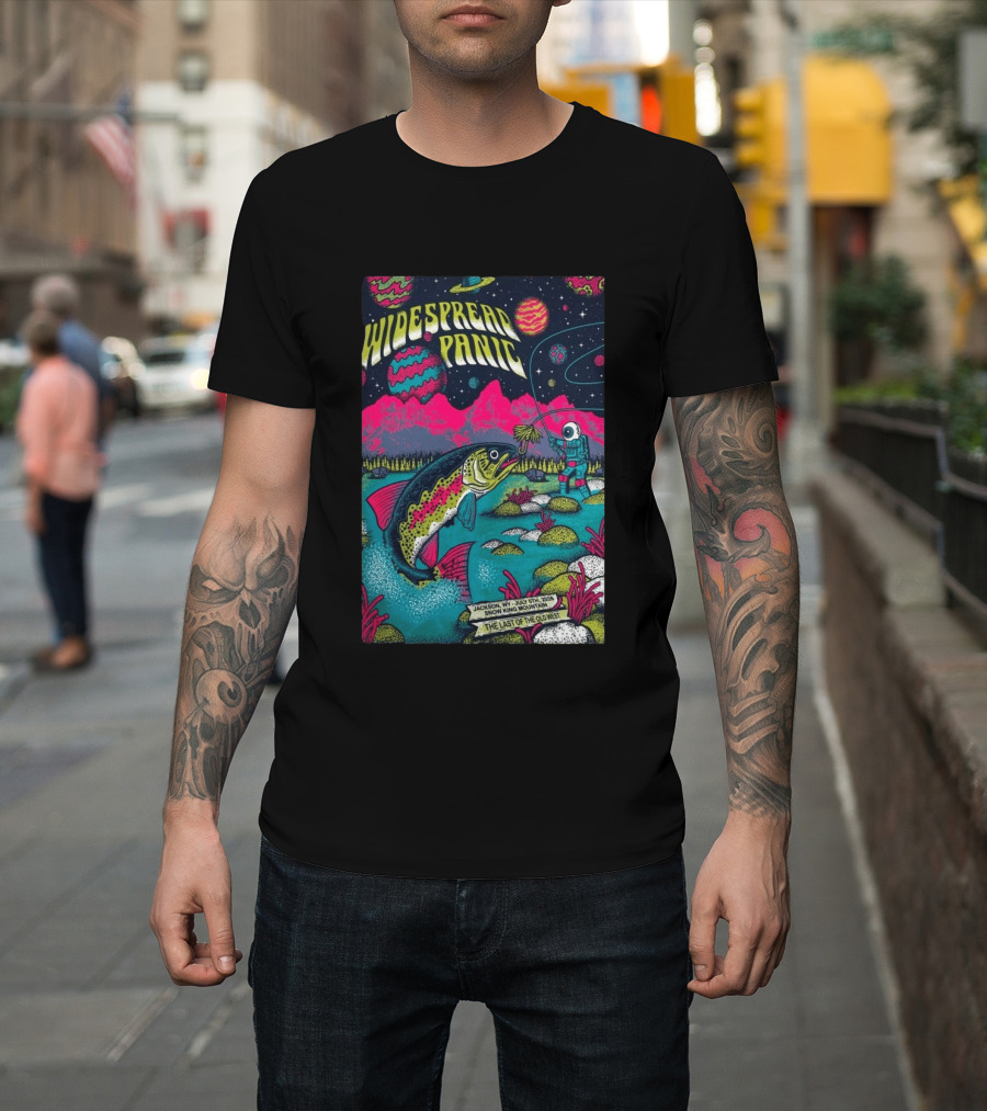 Widespread Panic Jul 5 2026 Snow King Mountain Jackson WY Cosmic Fishing Astronaut And Giant Fish Fantasy Scene T-Shirt
