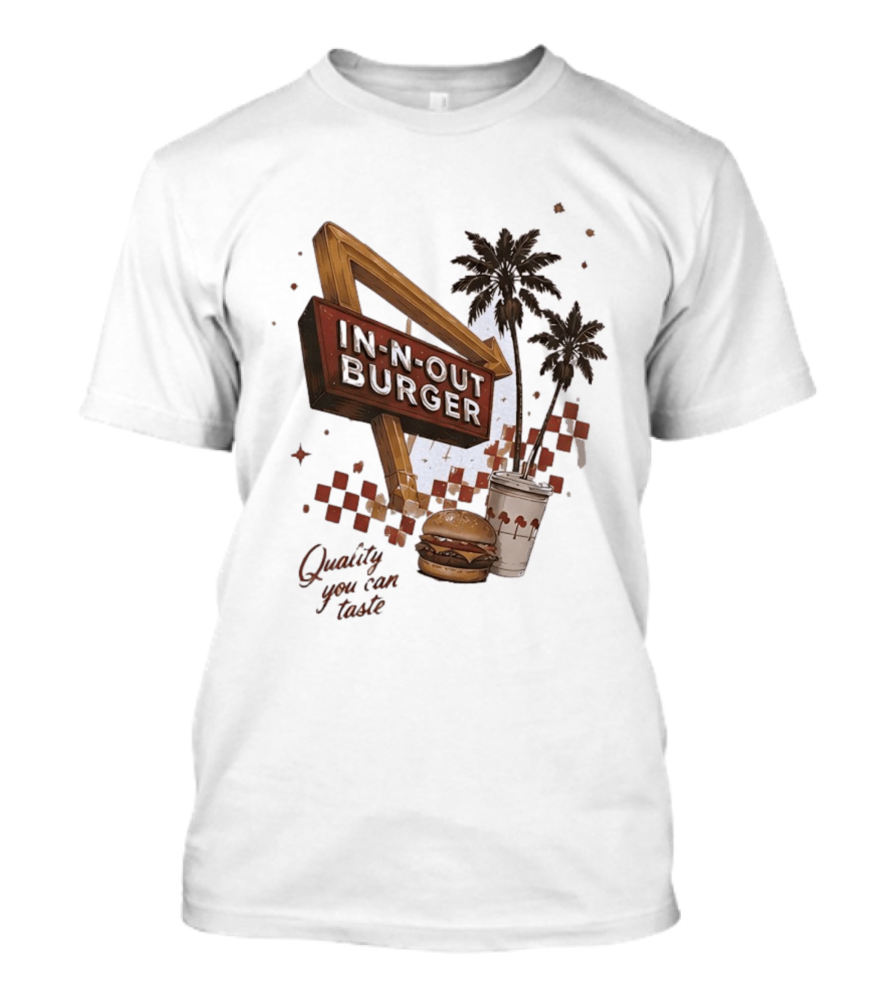 IN N OUT Burger Quality You Can Taste Sign With Palm Trees And Checkered T-Shirt
