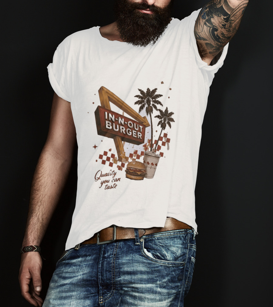 IN N OUT Burger Quality You Can Taste Sign With Palm Trees And Checkered T-Shirt