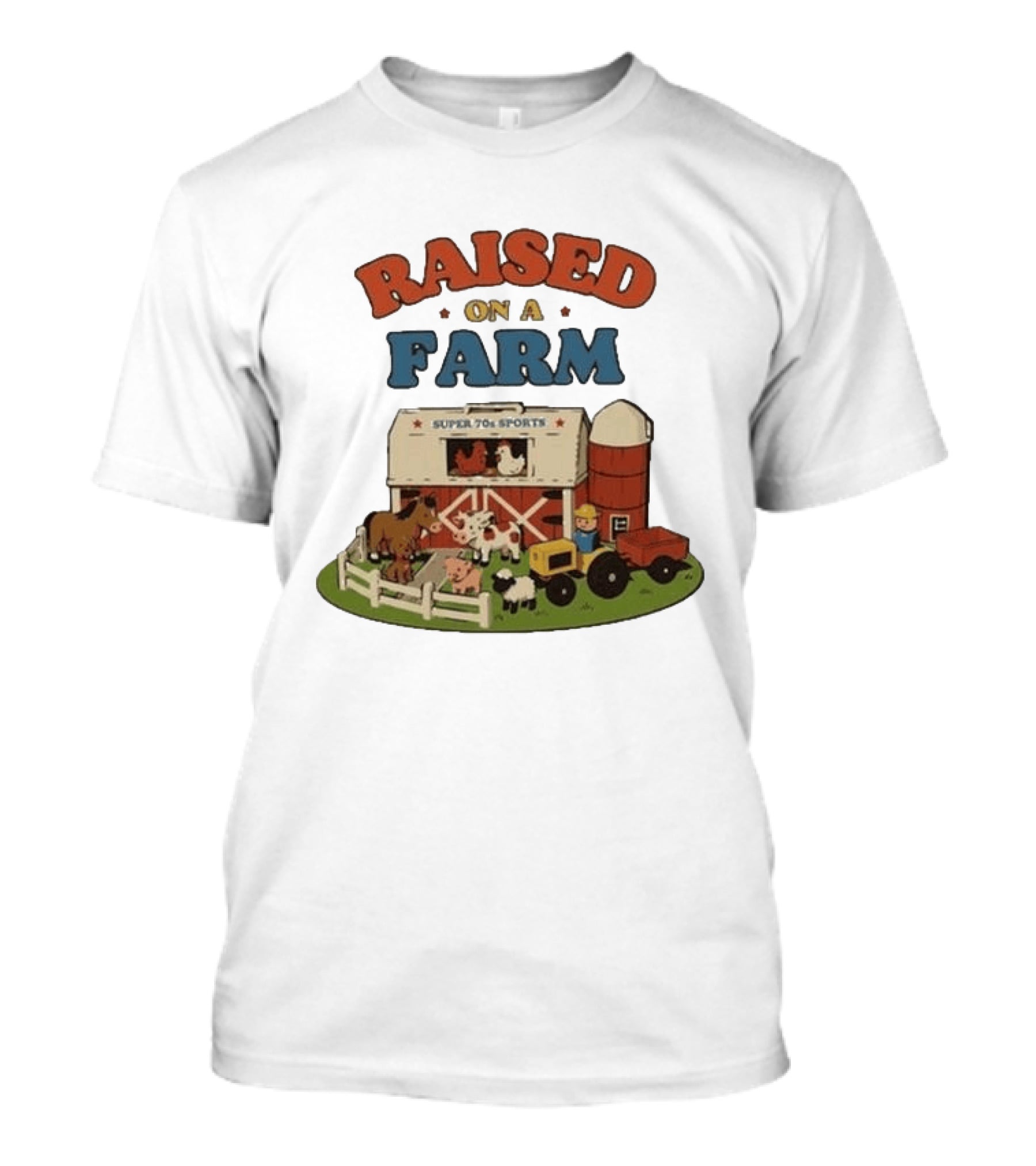 Raised On A Farm Super 70s Sports Vintage Barnyard Scene With Tractor And Animals T-Shirt