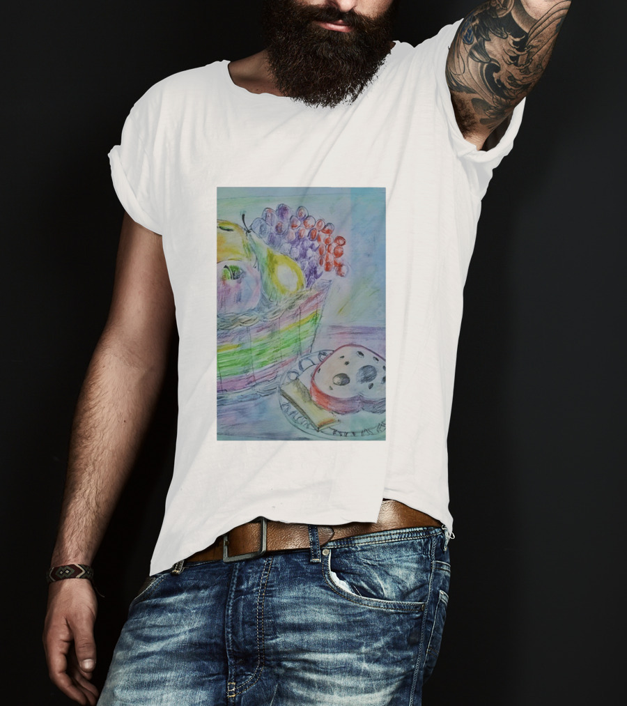 Fruit Basket Bagel Still Life Drawing Pears Apples Grapes Bread T-Shirt