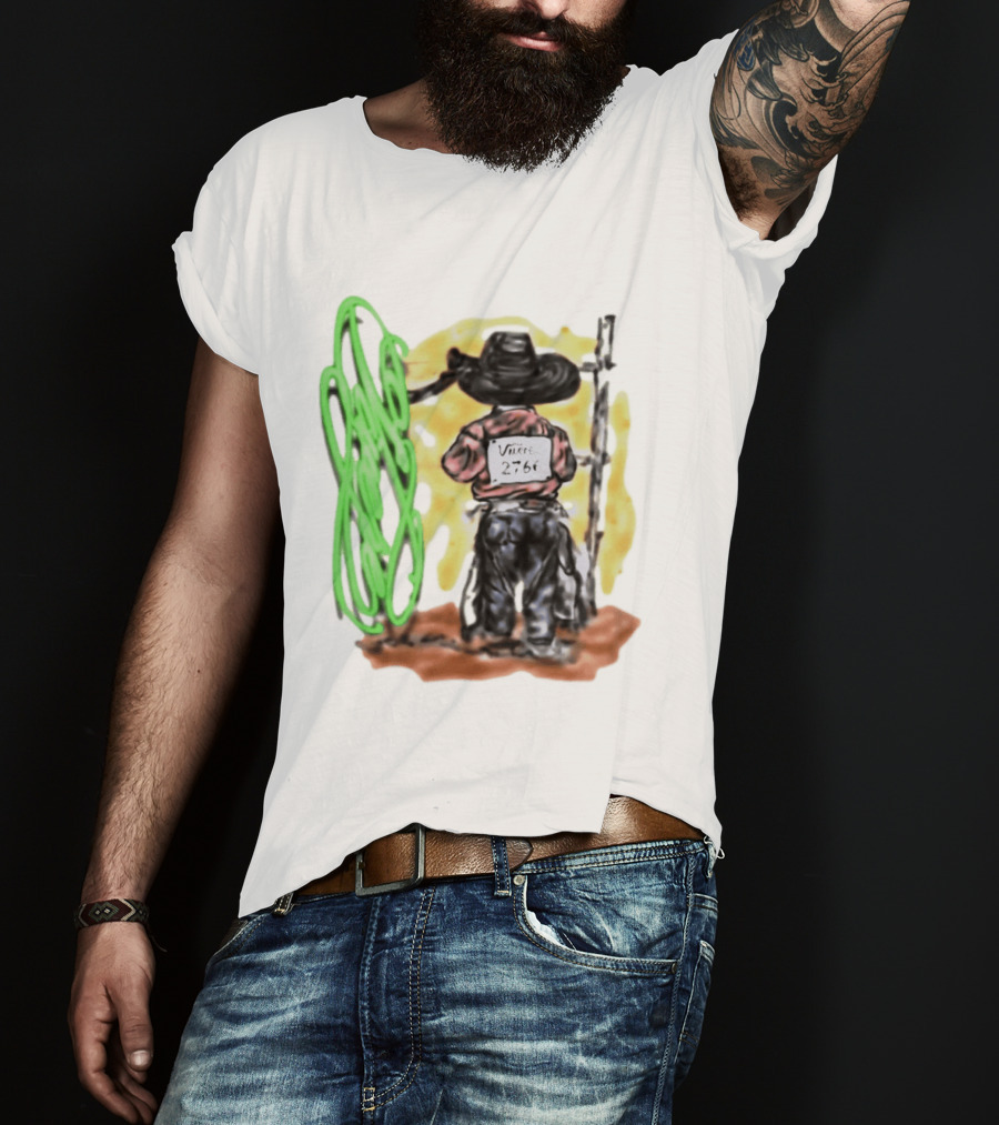 Vnere 2766 Cowboy Vintage Western Art With Hat And Fence T-Shirt
