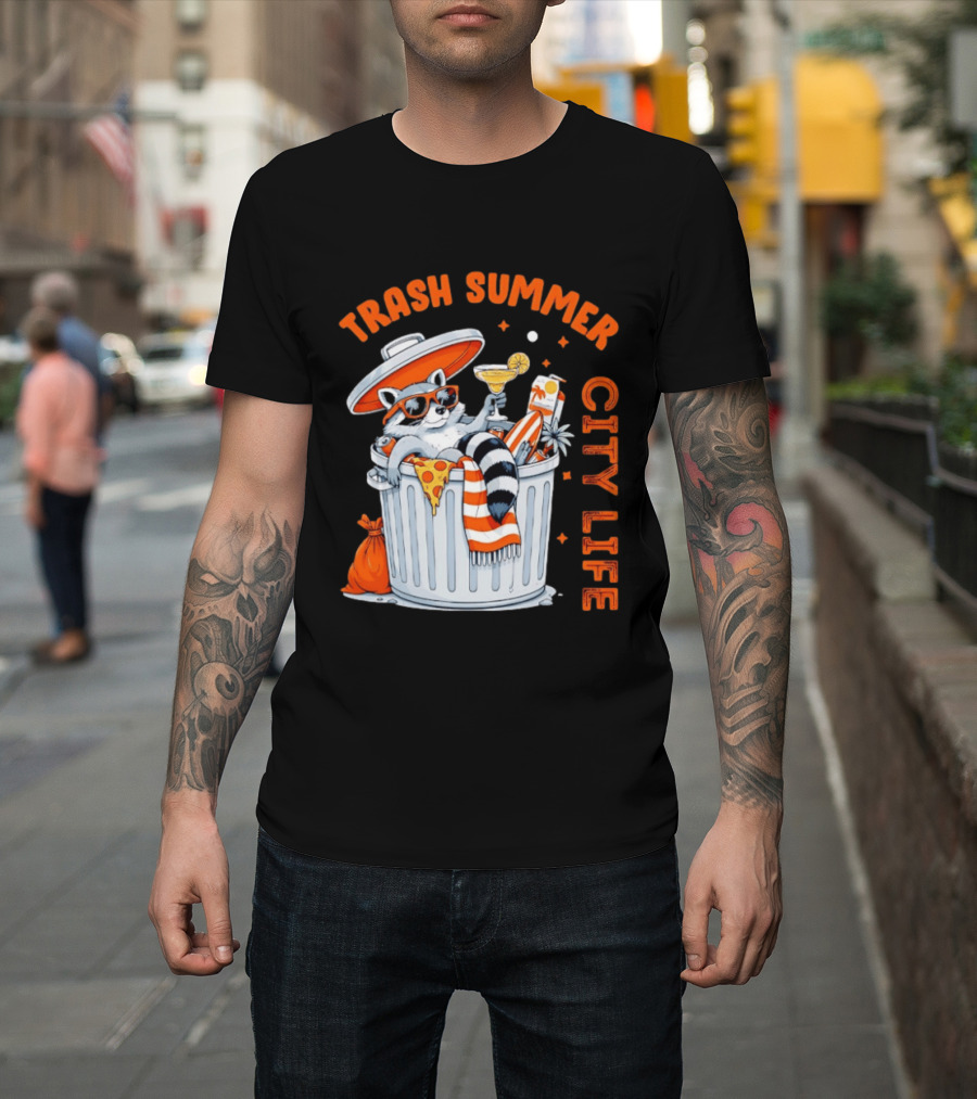 Trash Summer City Life Raccoon Enjoying Urban Vibes With Pizza And Martini T-Shirt