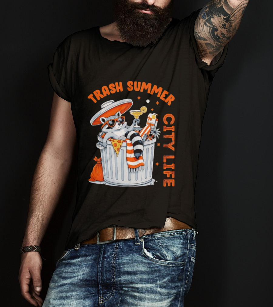 Trash Summer City Life Raccoon Enjoying Urban Vibes With Pizza And Martini T-Shirt