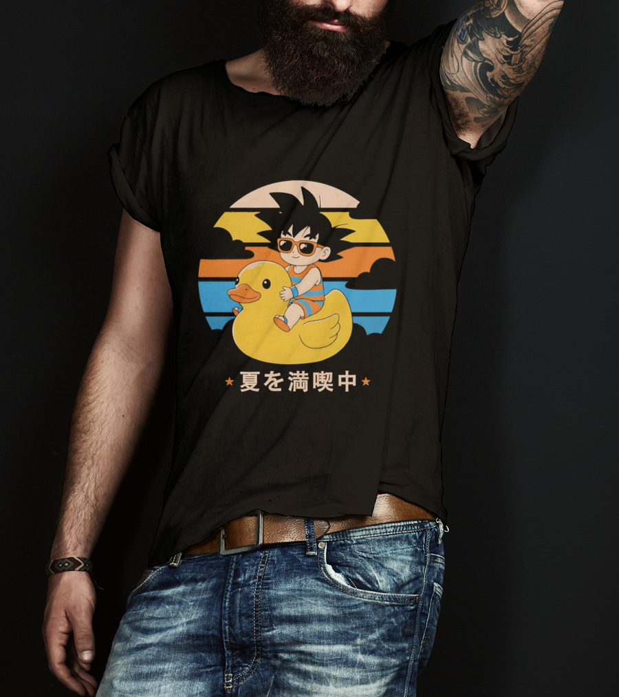Young Goku Riding Rubber Duck At Sunset Enjoying Summer T-Shirt