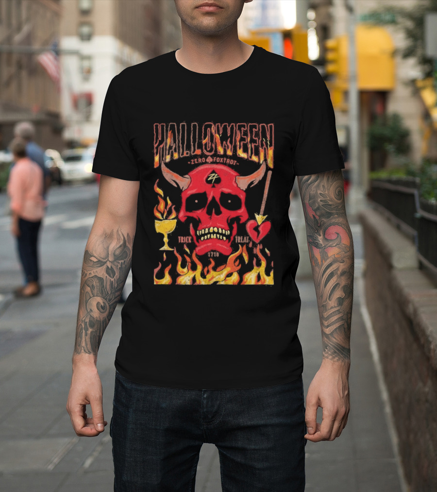 Zero Foxtrot Halloween No Quarter Flaming Demon Skull T-Shirt