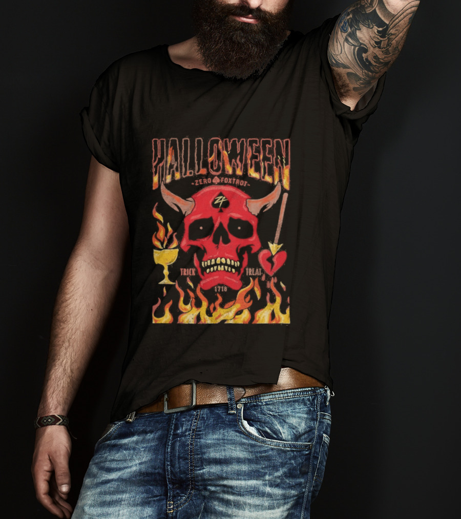 Zero Foxtrot Halloween No Quarter Flaming Demon Skull T-Shirt