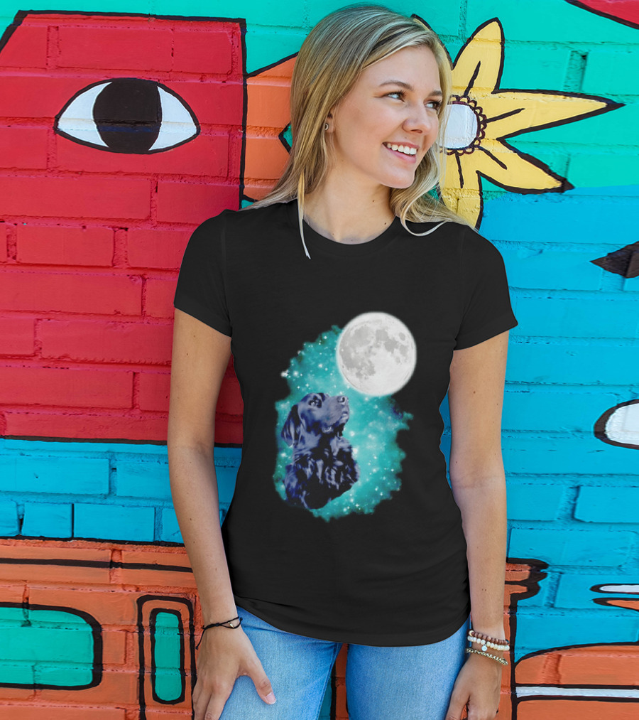 Black Dog Under Moon In Galaxy Space T-Shirt