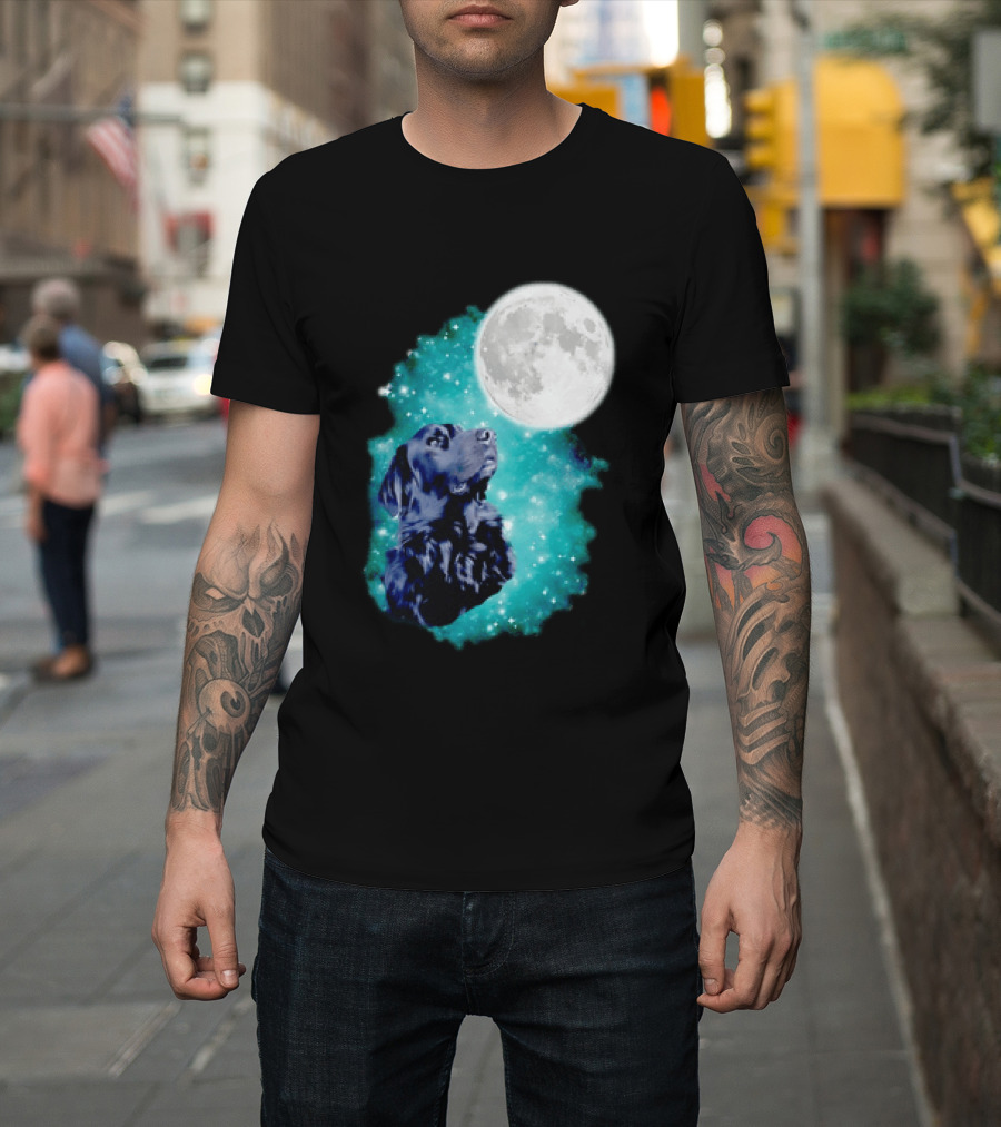 Black Dog Under Moon In Galaxy Space T-Shirt