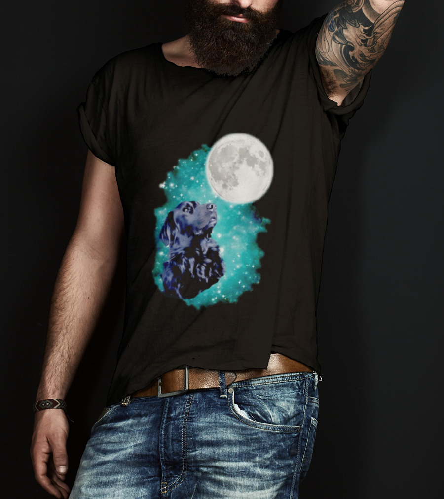 Black Dog Under Moon In Galaxy Space T-Shirt