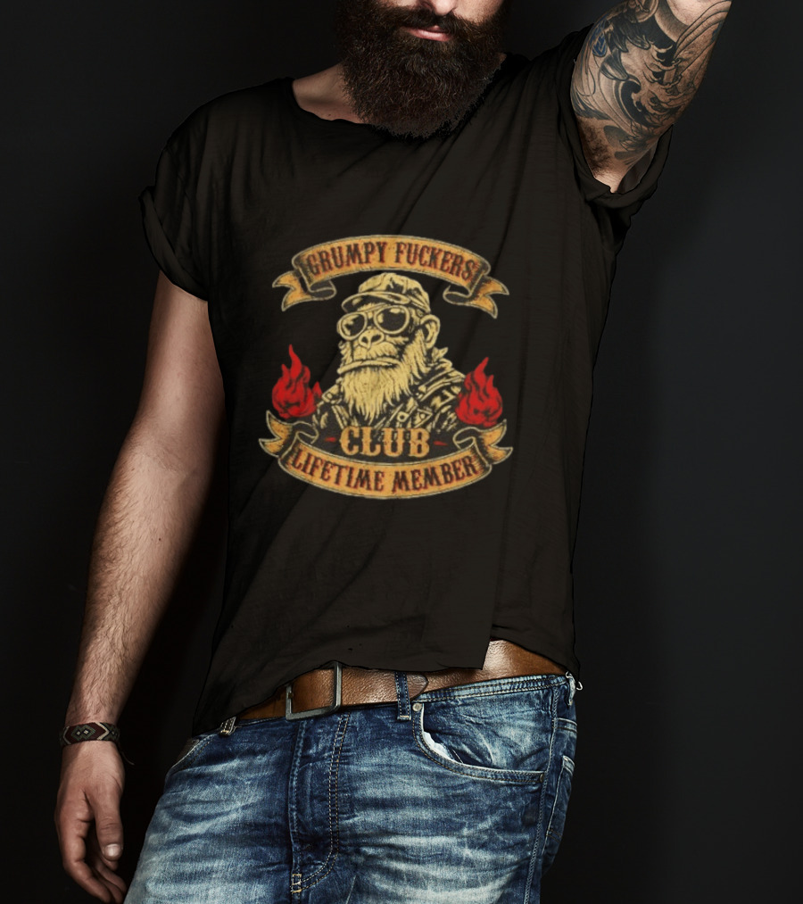 Grumpy Fuckers Club Lifetime Member Monkey With Sunglasses And Flames T-Shirt