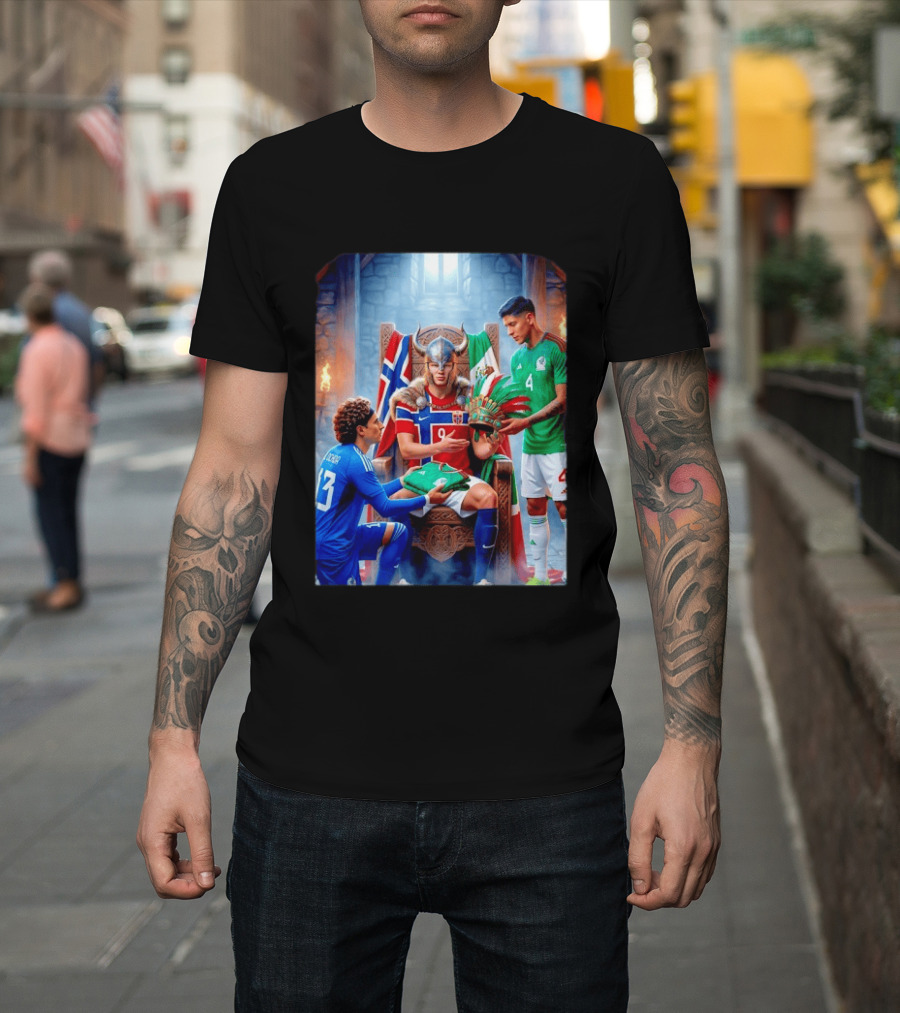 Guillermo Ochoa And Johan Vasquez Offering Mexico Jersey To Viking Erling Haaland With Norway Flag In Throne Room T-Shirt