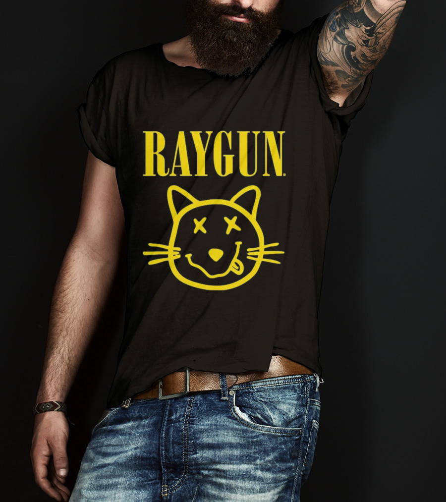 Raygun Smiley Cat Face Neon Yellow Quirky Expression T-Shirt