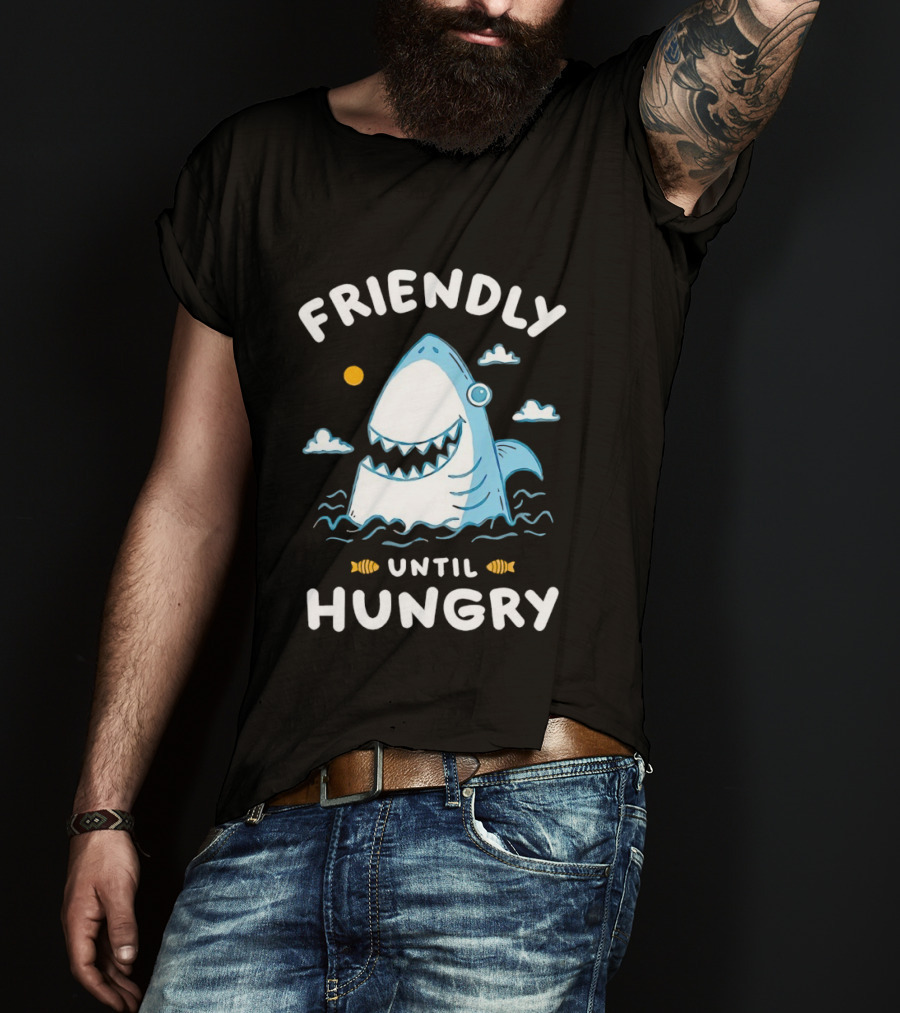 Friendly Shark Grinning Until Hungry Cloudy Ocean Scene T-Shirt
