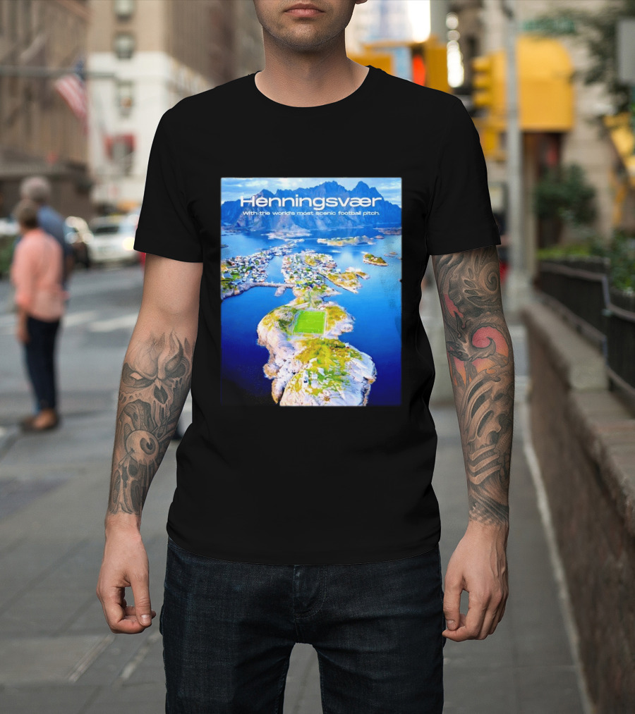 Henningsvaer With The World's Most Scenic Football Pitch Aerial View T-Shirt