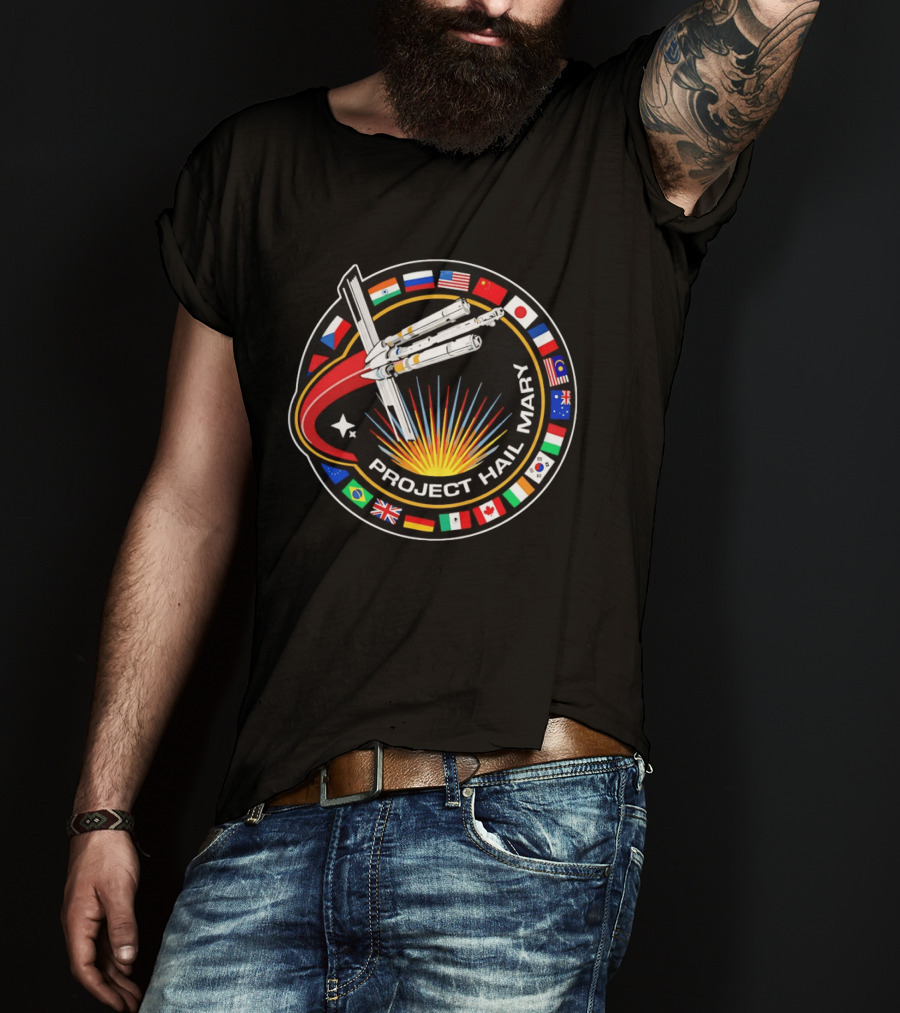 Project Hail Mary Mission Patch With International Flags And Spacecraft T-Shirt