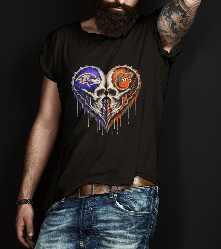 Baltimore Ravens And Baltimore Orioles Skull Heart T-Shirt