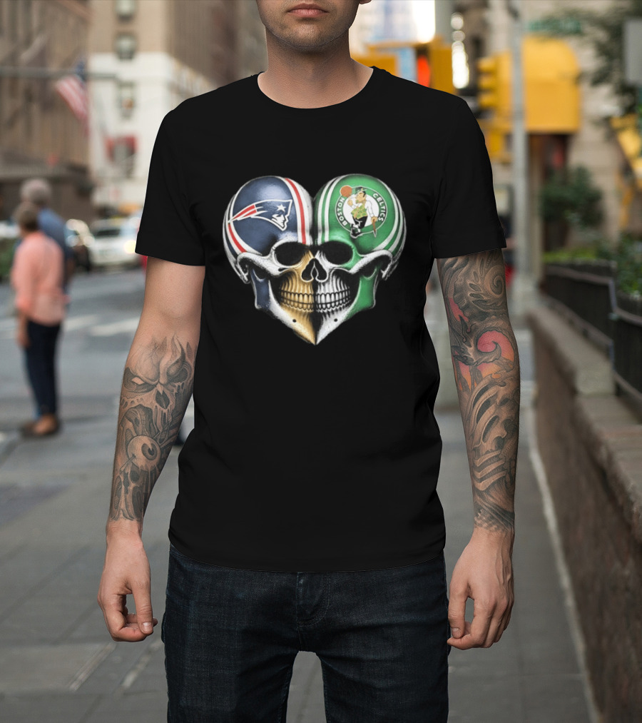 Boston Celtics And New England Patriots Skull Heart T-Shirt