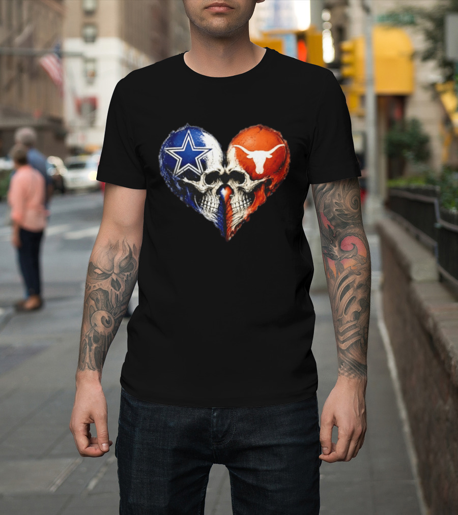 Dallas Cowboys And Texas Longhorns Skulls Heart T-Shirt