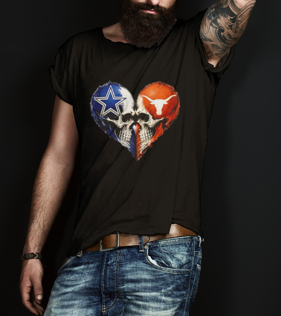 Dallas Cowboys And Texas Longhorns Skulls Heart T-Shirt