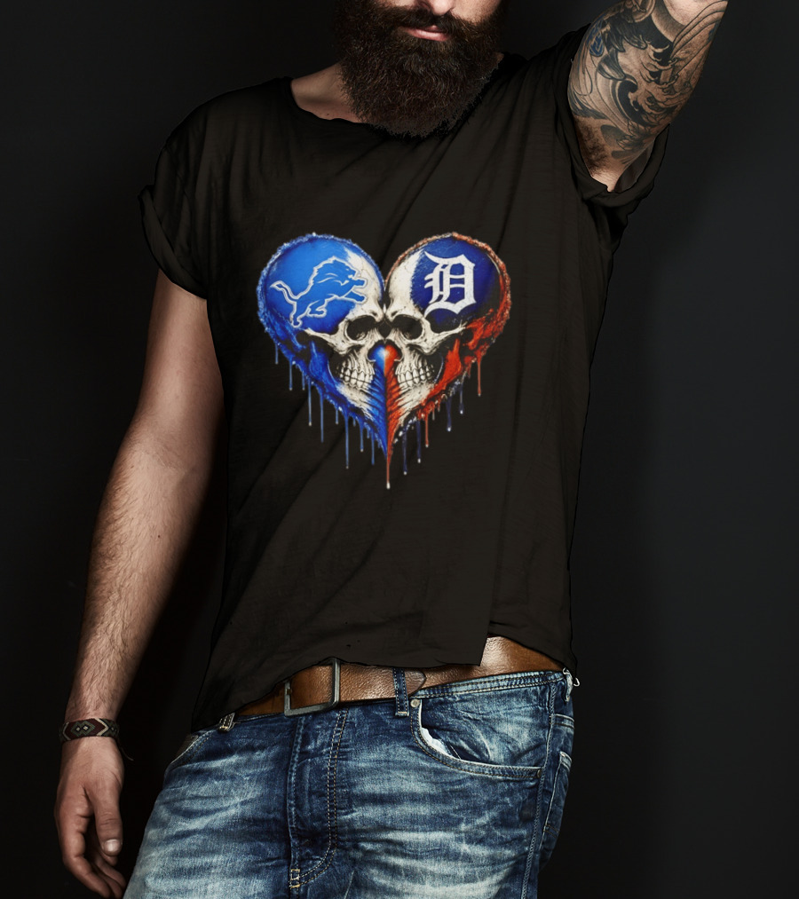 Detroit Lions And Detroit Tigers Skull Heart T-Shirt