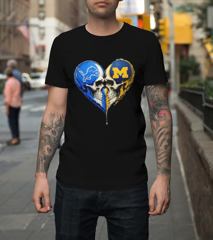 Detroit Lions And Michigan Wolverines Heart Skulls T-Shirt