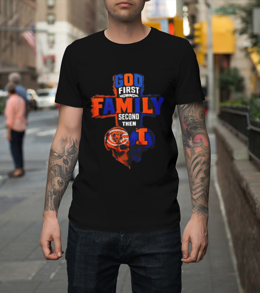 God First Family Second Then Chicago Bears And Illinois Fighting Illini Skull Heart T-Shirt