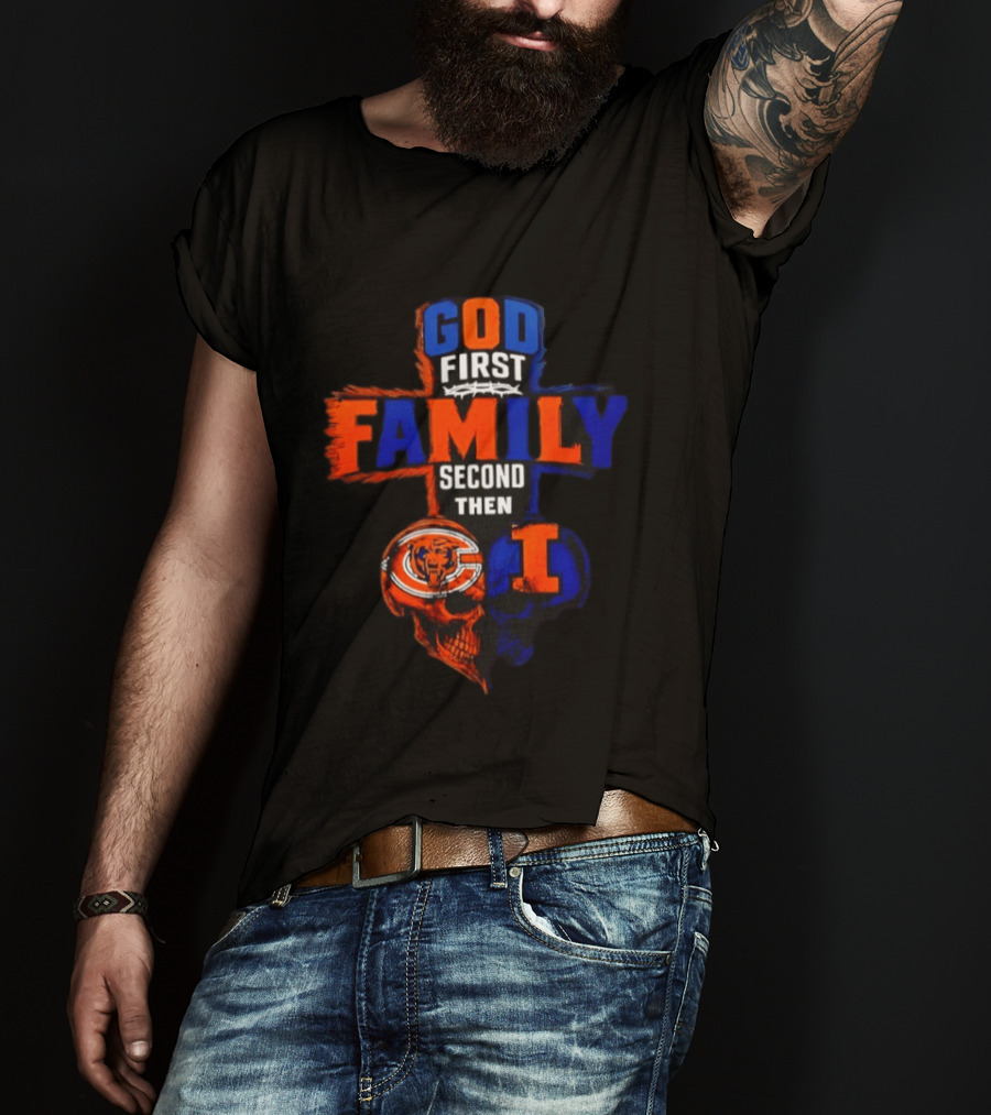 God First Family Second Then Chicago Bears And Illinois Fighting Illini Skull Heart T-Shirt