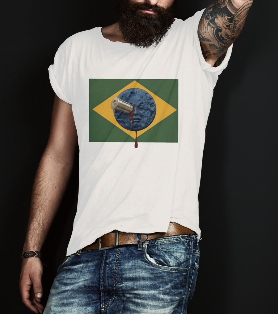 Brazil Flag Moon Face With Bullet And Bleeding Effect T-Shirt