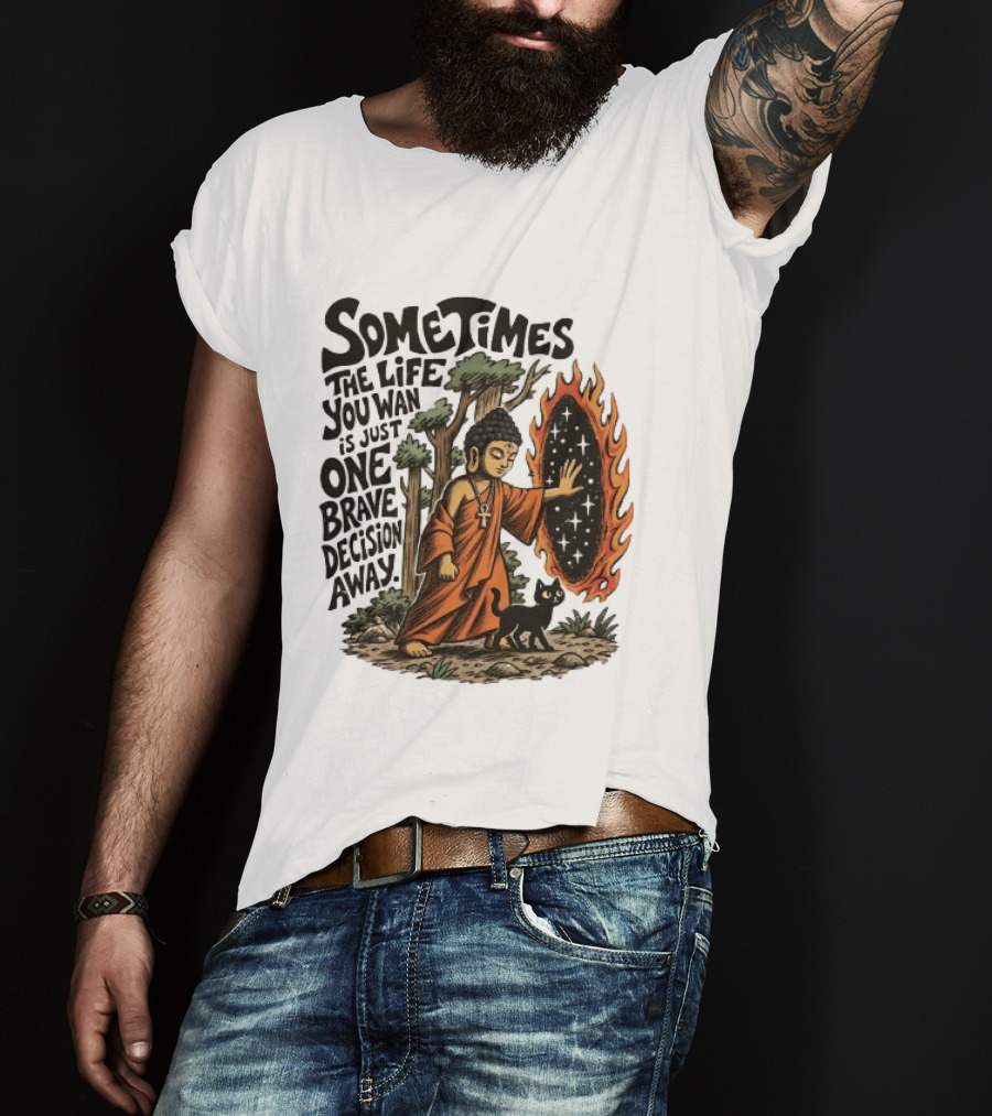 Sometimes The Life You Want Is Just One Brave Decision Away Buddha Cat Portal Forest T-Shirt