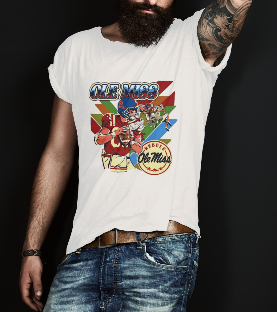 Ole Miss Rebels Football Player Action Retro Style Collaboration T-Shirt
