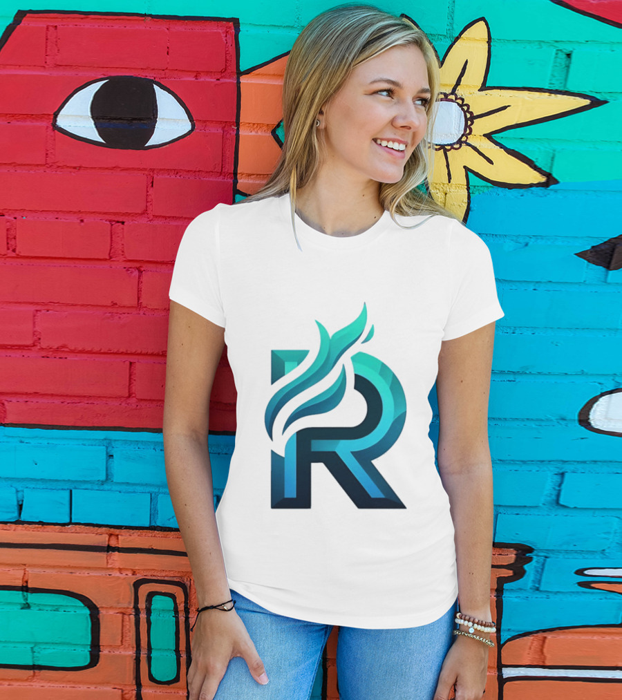 R Flame Letter Blue Green Gradient T-Shirt