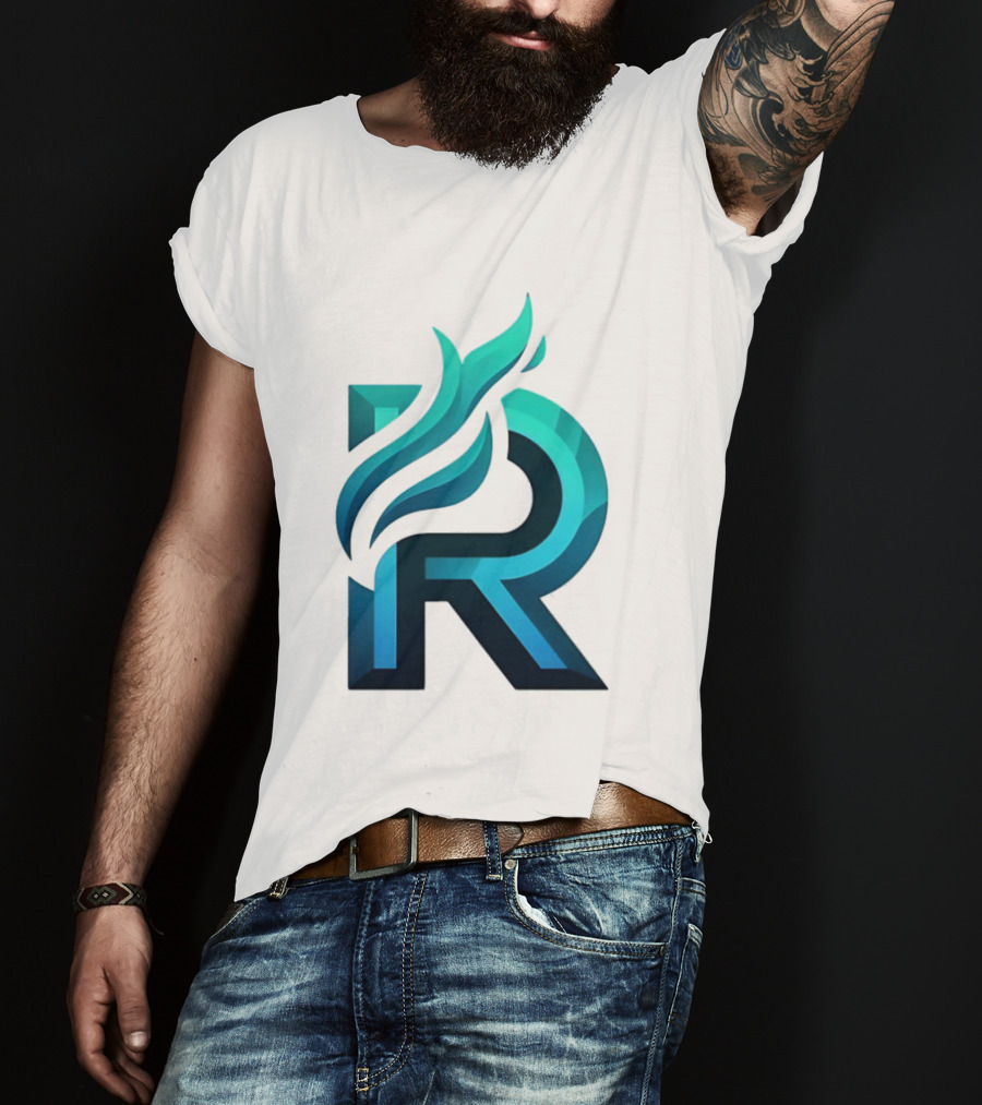 R Flame Letter Blue Green Gradient T-Shirt