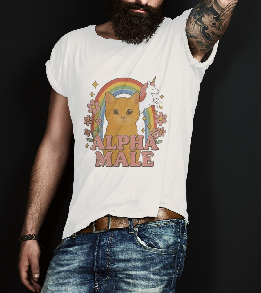 Alpha Male Cat With Unicorn Rainbow And Flowers T-Shirt