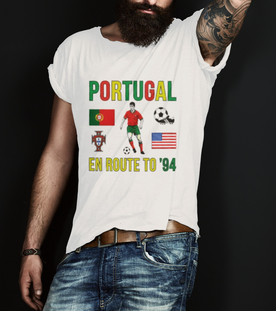 Portugal En Route To '94 World Cup Journey Footballer And Flags T-Shirt