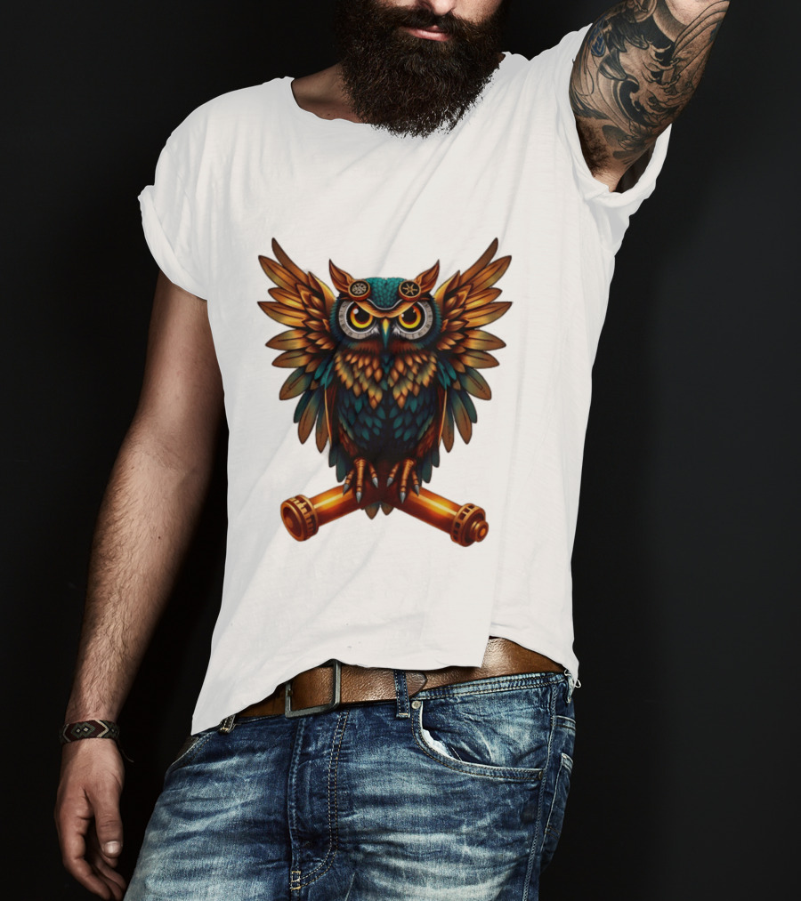 Steampunk Owl With Gears And Pistons Mechanic Aesthetic T-Shirt