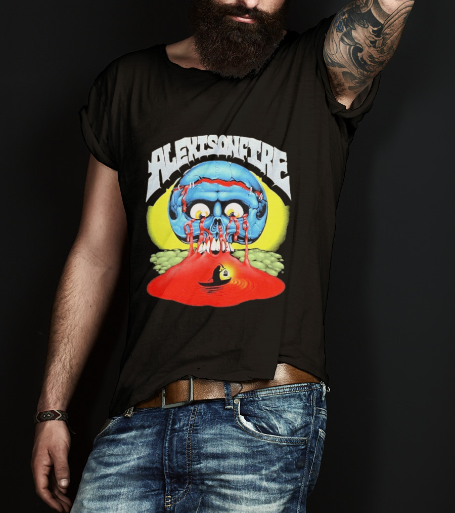 Alexisonfire Skull Island Creepy Blue Skull With Red Eyes And Boat T-Shirt